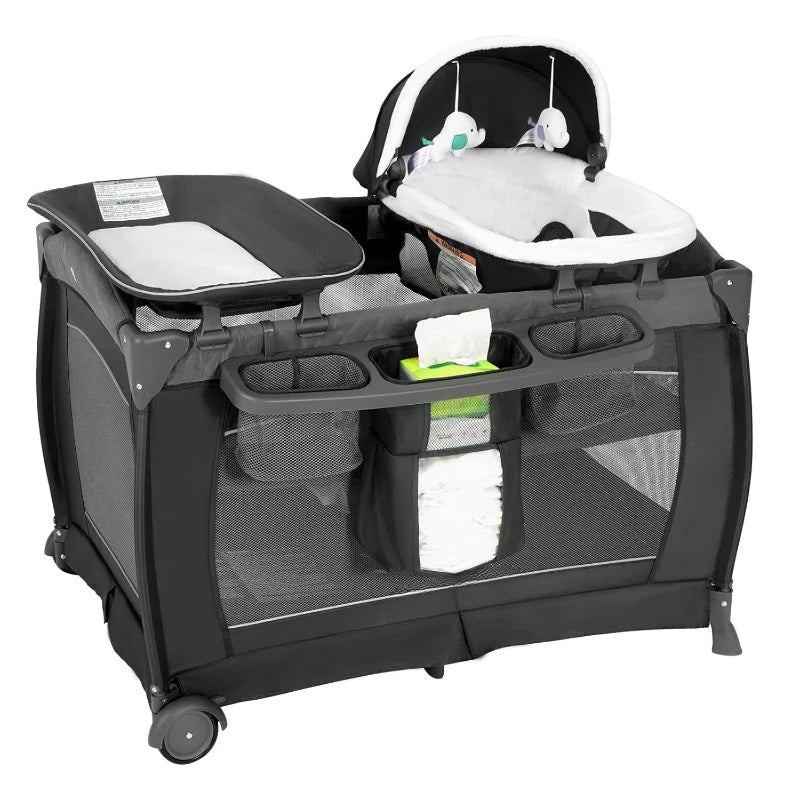 Deluxe Nursery Center Playard Foldable Bassinet Grey Mattress