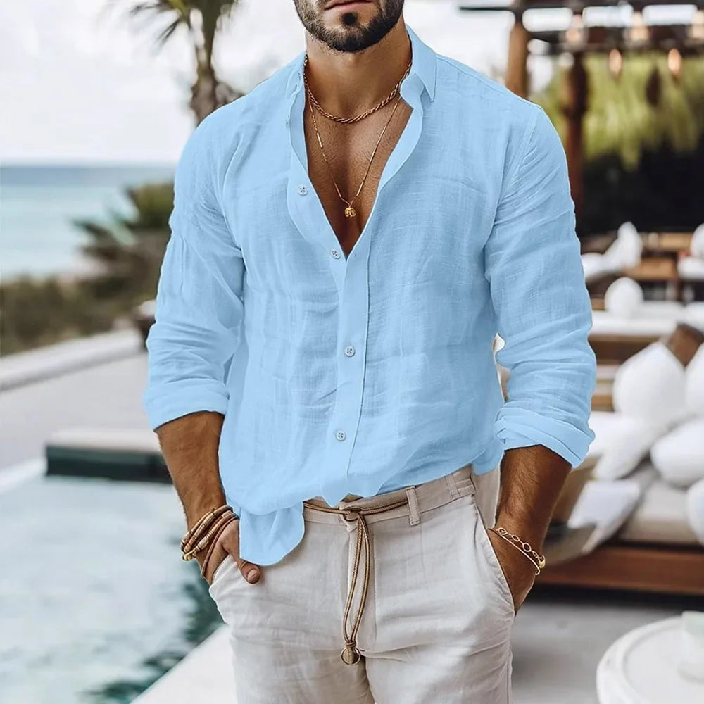 Men’s Summer Cotton Linen Beach Shirt .Casual Relaxed Fit Button Up