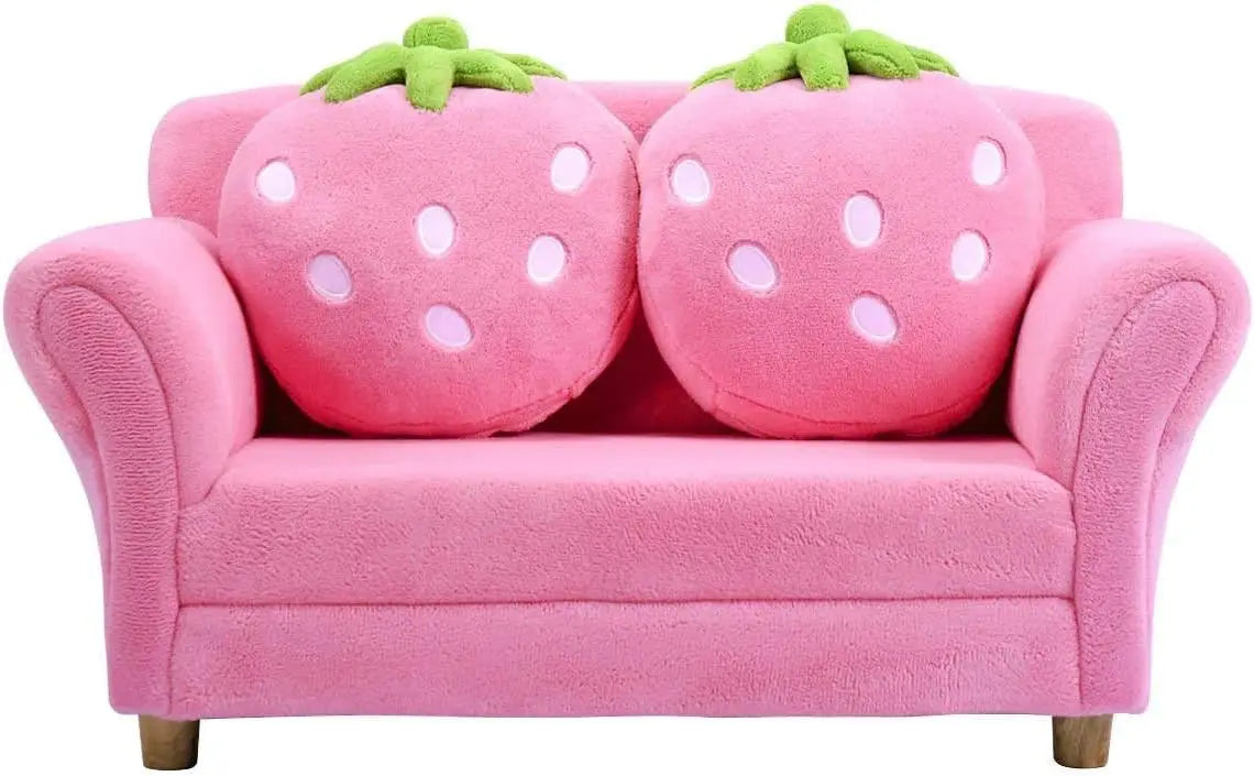 Toddler Couch with Strawberry Pillows, Kids Upholstered Loveseat, Coral Fleece, Wood Frame, Pink