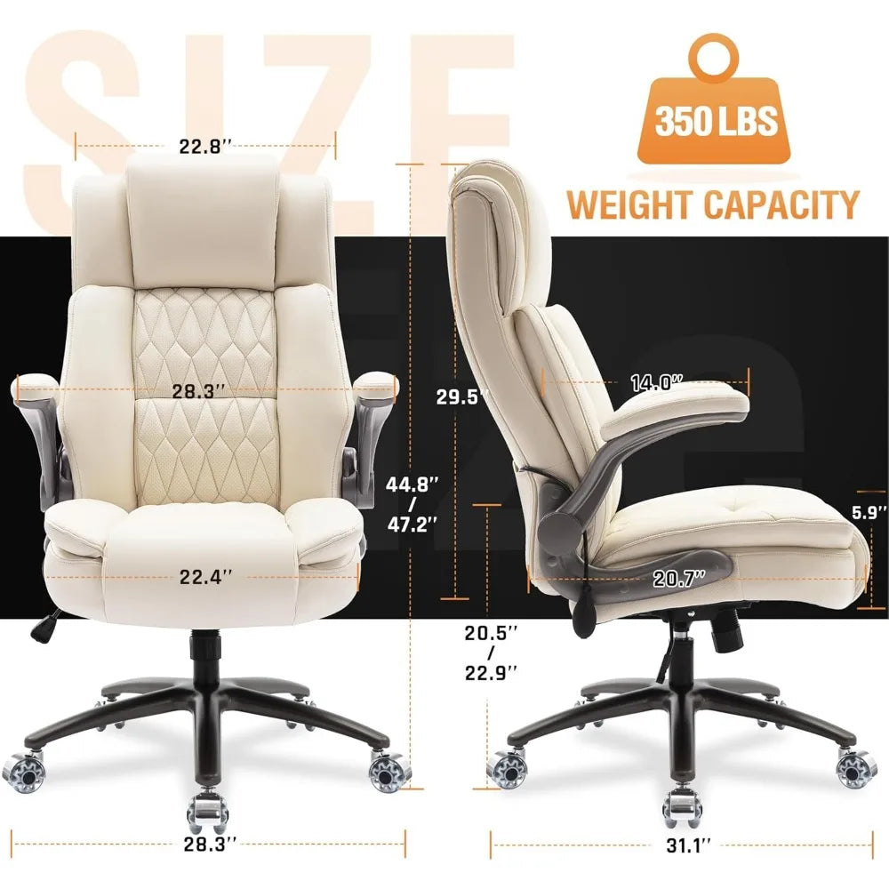 Large High Back Office Chair - Adjustable Lumbar Support Flip Up Arms Heavy Duty Quiet Wheels Metal Base Breathable Bonded Leath