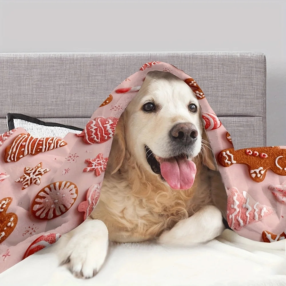 1pc Soft Pink Gingerbread men & Candy stripes Flannel Throw Blanket - Christmas Winter Decor Cozy Warm All-Season Couch Bed