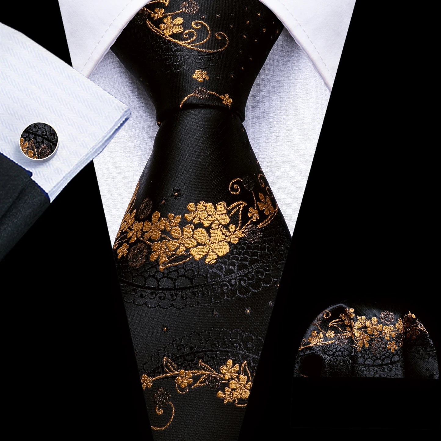 Luxury Black & Gold Floral Men’s Tie Set.Designer Jacquard Necktie & Cufflinks