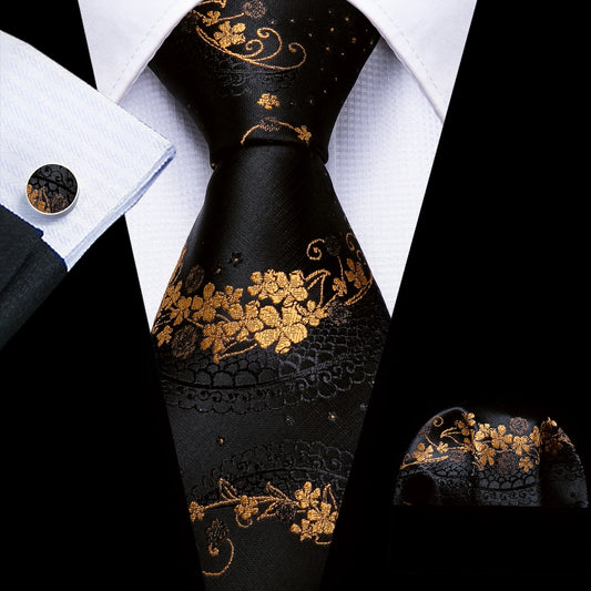 Luxury Black & Gold Floral Men’s Tie Set.Designer Jacquard Necktie & Cufflinks
