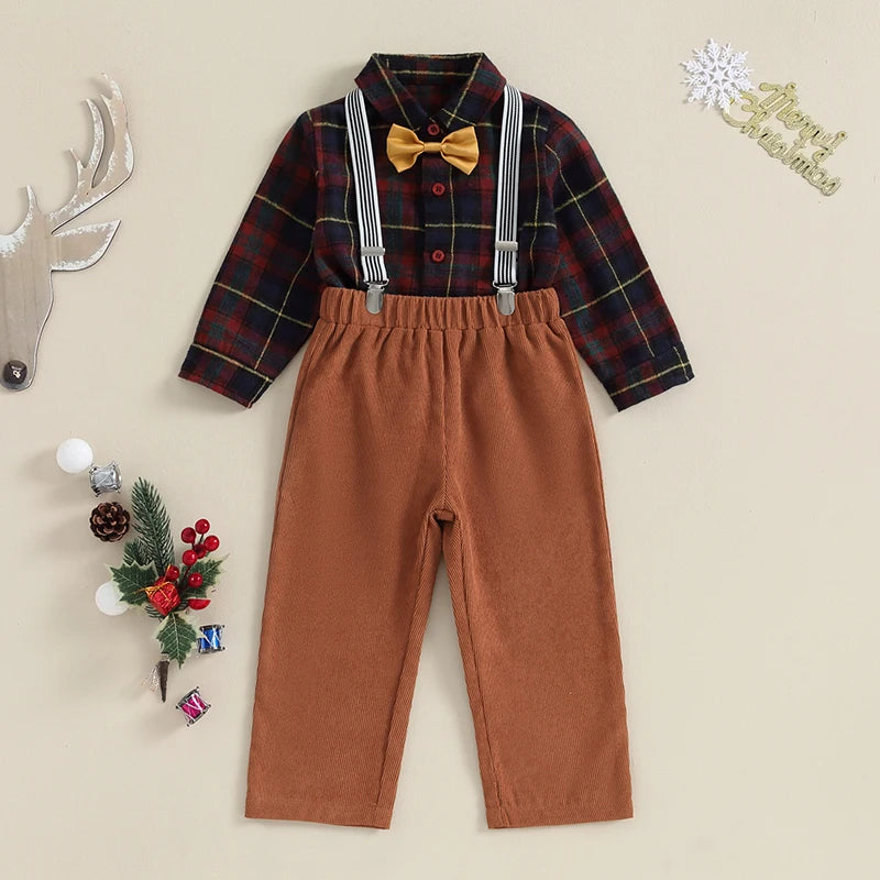2023-10-20 Lioraitiin 1-7Y Kids Boys Christmas Outfit Plaid Bowtie Lapel Button-Down Shirts Tops Solid Suspender Pant 2Pcs