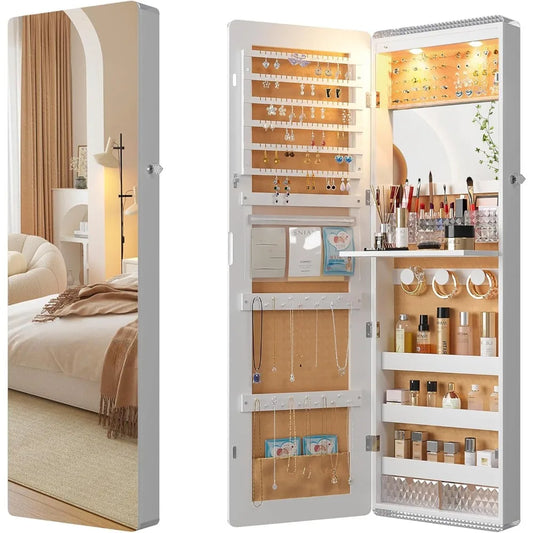 LED Mirror Jewelry Cabinet,47.2 Wall Mounted Jewelry Organizer with Full-Length Mirror,Over The Door Hanging Jewelry