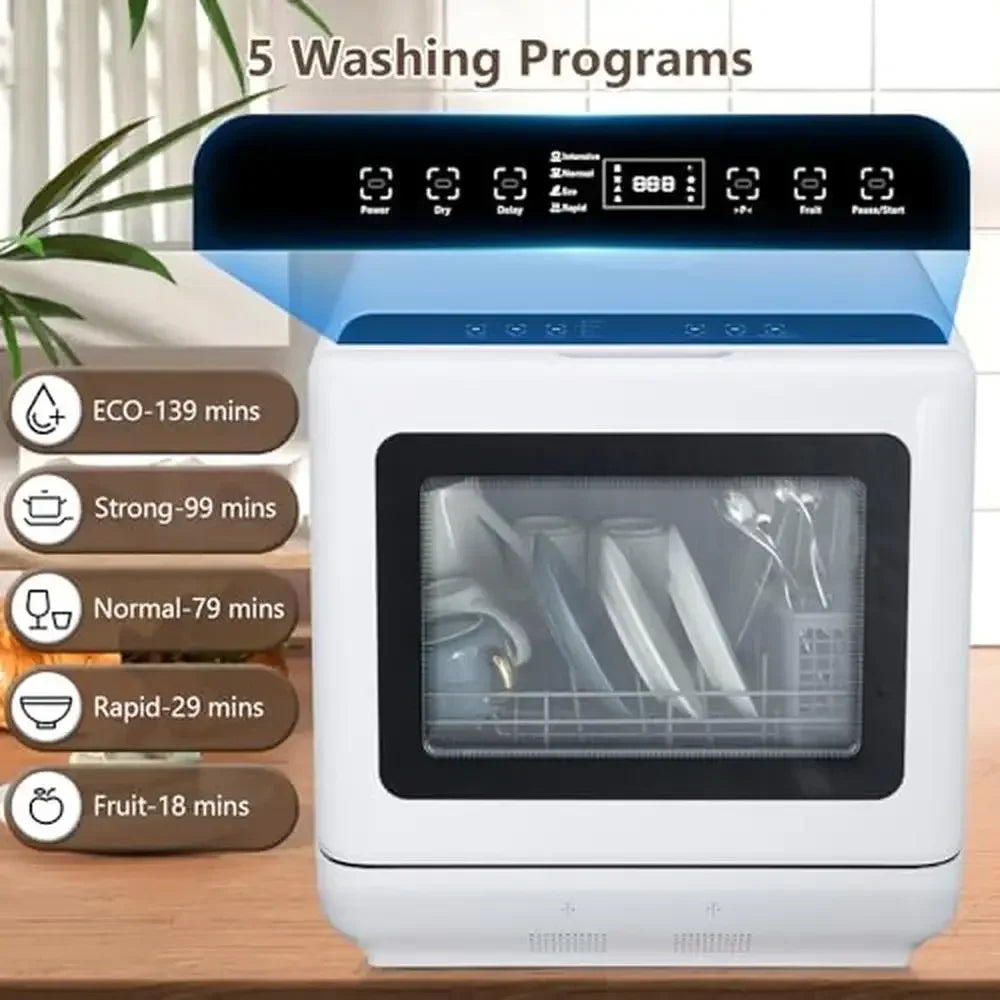 Portable Compact Dishwasher 4 Place Settings 5 Wash Options Eco-Friendly Countertop Kitchen Appliance Drying Function 360°