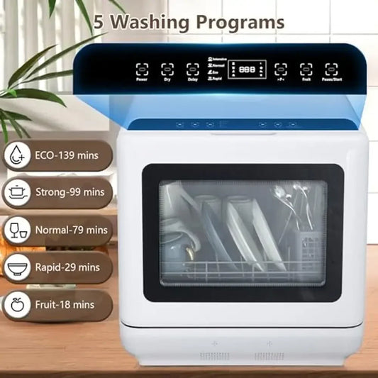 Portable Compact Dishwasher 4 Place Settings 5 Wash Options Eco-Friendly Countertop Kitchen Appliance Drying Function 360°