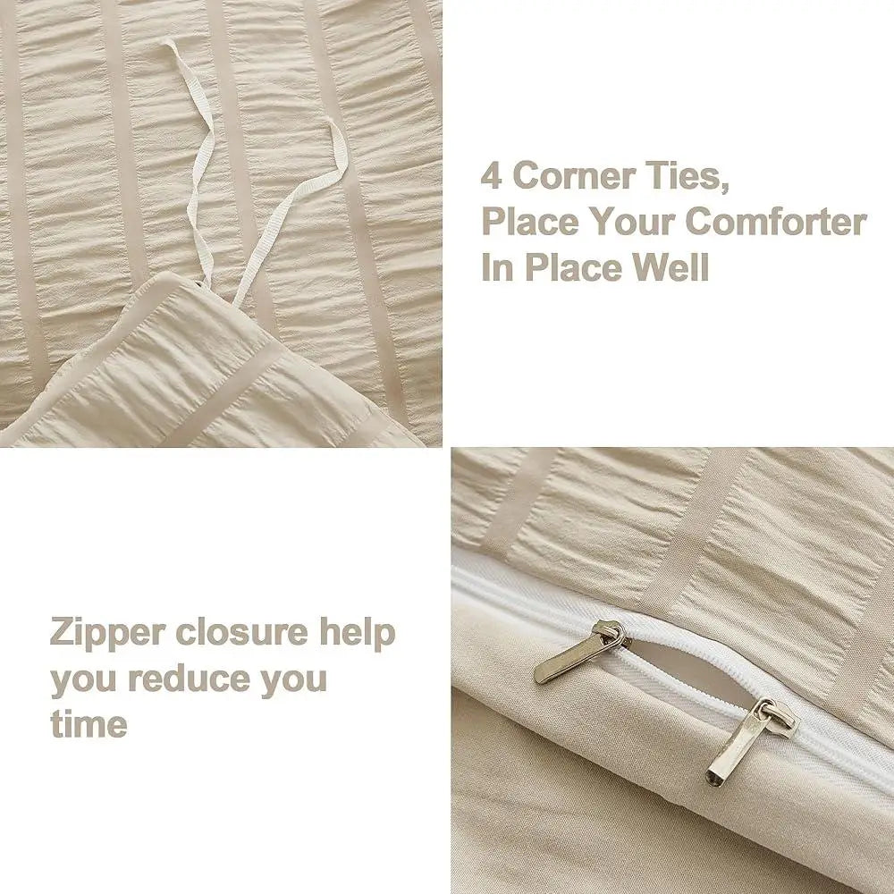 Ultra Soft Seersucker Duvet Cover Set King Size 3 Pieces Wrinkled Microfiber Bedding with Metal Zipper and Corner Ties