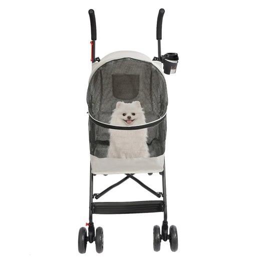 Foldable Pet Stroller for Cats and Dogs, 4 Wheels Portable Travel Cart Carrier with Safety Rope & Food Tray, Lightweight & Portable & Du
