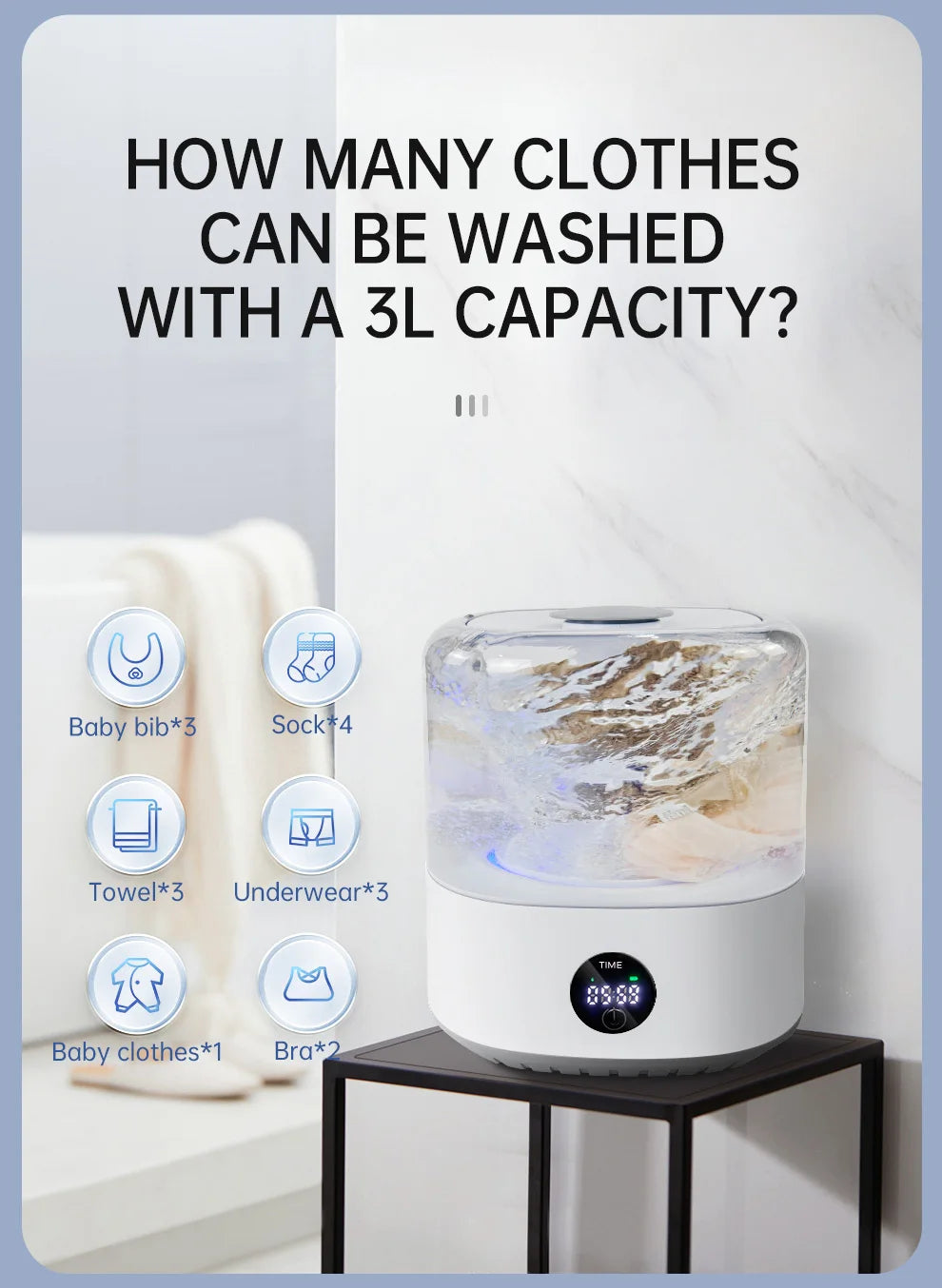 Mini Cordless Washer USB Rechargeable Portable, 3L For Delicates, Socks & Underwear, 3 Modes Quiet Design, Compact For Dorm, Travel & Small Spaces