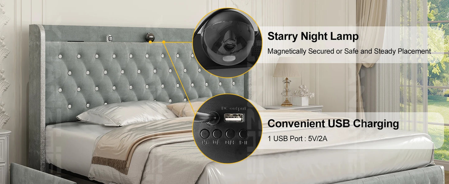 Queen LED Bed Frame with Galaxy Projector & Bluetooth Speaker
