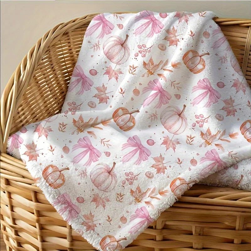 Cozy Pink Pumpkin & Leaf Flannel Plush Blanket. Soft All Season Throw Blanket