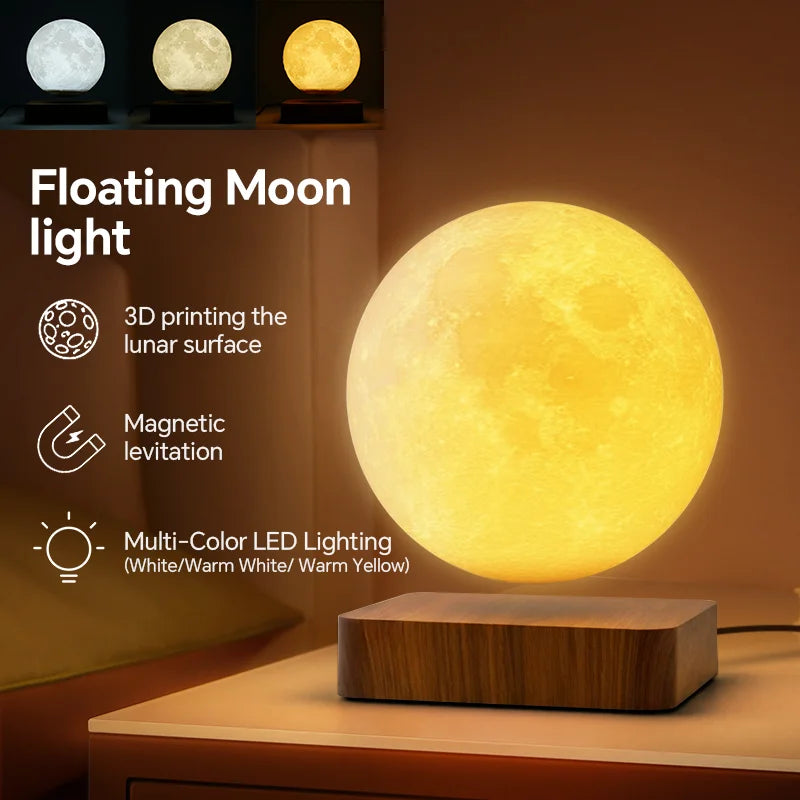 Magnetic Floating Rotating Moon Lamp .LED Night Light with Wooden Base & 3 Lighting Modes