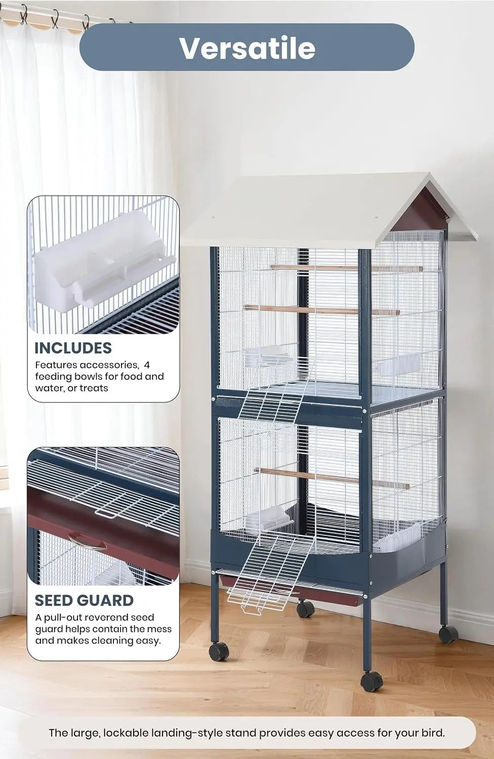 66-Inch Extra-Large Bird Cage with Waterproof Roof & Rolling Stand