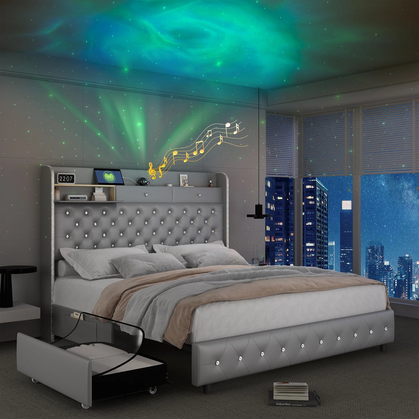 LED Bed Frame with Galaxy Star Projector, 2 Drawers, 52" PU Headboard with Charging Station, Noise Free, No Box Spring