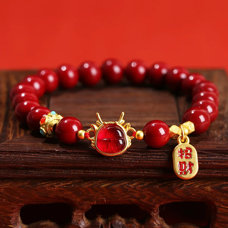 Red Cinnabar Style Beaded Bracelet for Women & Men