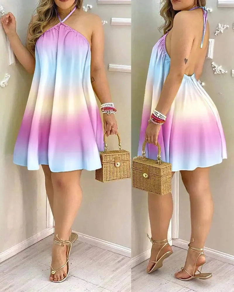 Women’s Floral Halter Neck Mini Dress | Sleeveless Summer Beach Sundress