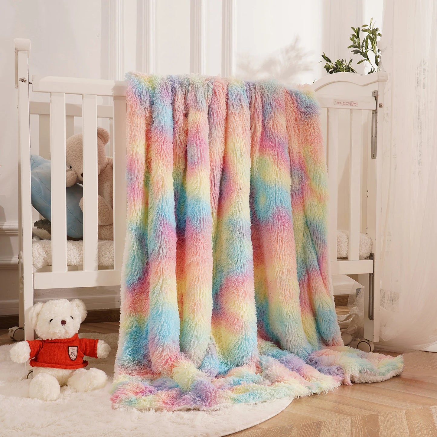Soft Rainbow Fluffy Plush Blanket Bedspread For Home Use