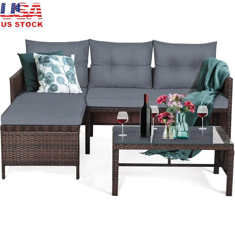 3 Piece Outdoor Patio L Shape Rattan Sofa Set With Cushions