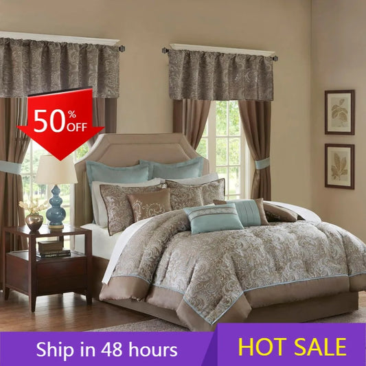 Bristol Collection 24-Piece Bedding Set with Faux Silk Comforter and Paisley Jacquard Design Curtains
