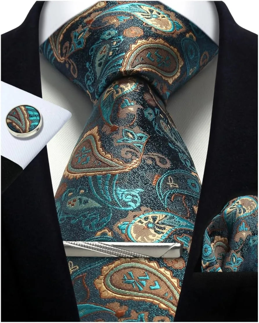 Luxury 100% Silk Paisley Floral Men’s Necktie Set | Business Tie with Matching Pocket Square & Formal Accessories