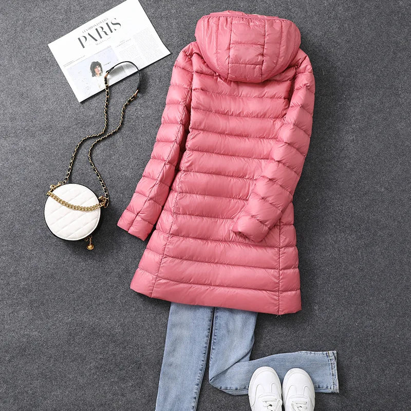Women's Long Hooded Puffer Jacket – Lightweight Quilted Winter Coat with Detachable Hood