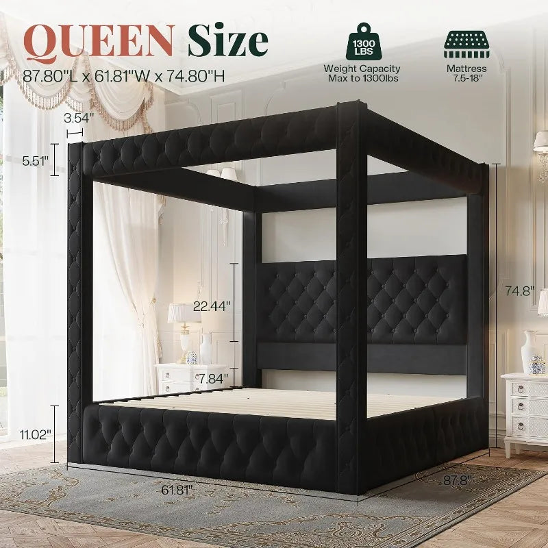 Velvet Upholstered Canopy Bed Frame with Padded Headboard