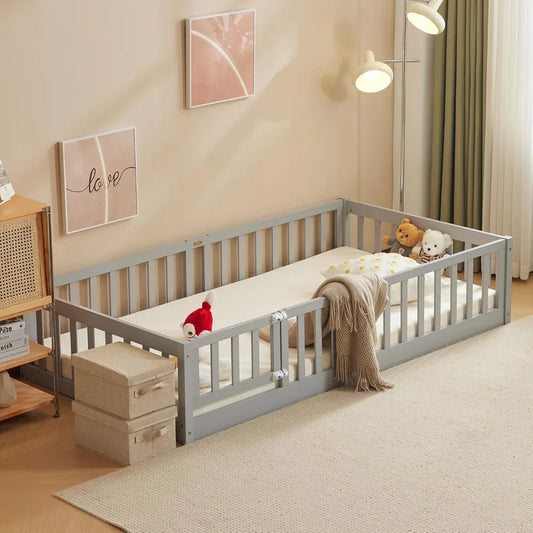 Toddler Floor Bed with Door and Fence for Kids, Montessori Bed with 12 Slats and Safety Guardrails, Kids Bed Solid Wood