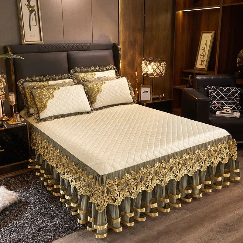 Luxury Gold Embroidered Velvet Quilted Bedspread Set