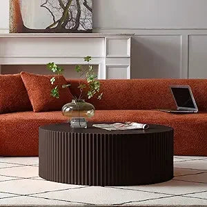 Round Coffee Table, Modern Black Side Table End Table for Living Room, Wood Circle Drum Coffee Table with Handcrafted Relief,