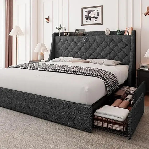 "king-size upholstered bed with 4 storage drawers, tufted wingback headboard and built-in charging station"