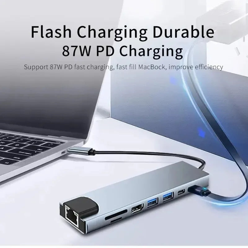 8-in-1 USB-C Hub Adapter with 4K HDMI, RJ45 Ethernet, SD/TF Card Reader & Fast Charging