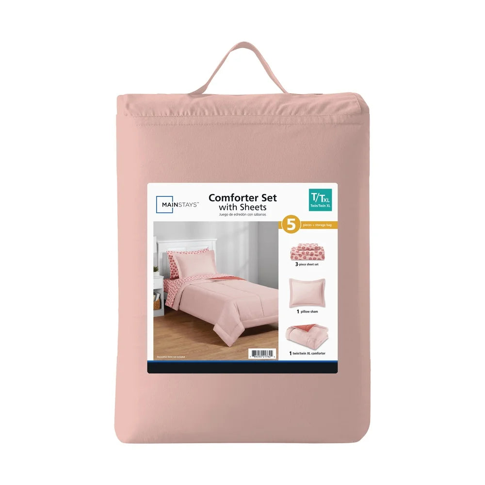 5-Piece Reversible Bed in a Bag Comforter Set with Sheets Soft Pink Red Canyon Twin XL Cozy Bedding All Ages