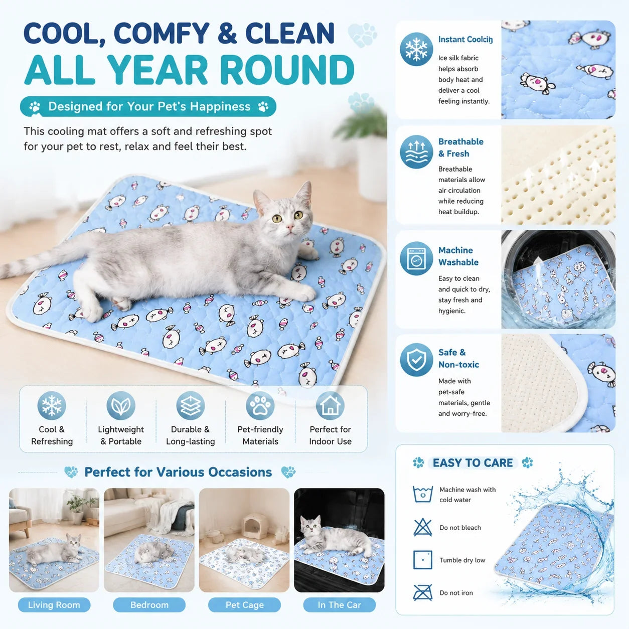 Cute Cartoon Cooling Sleeping Mat for Dogs & Cats. Soft Breathable Summer Pet Bed Pad