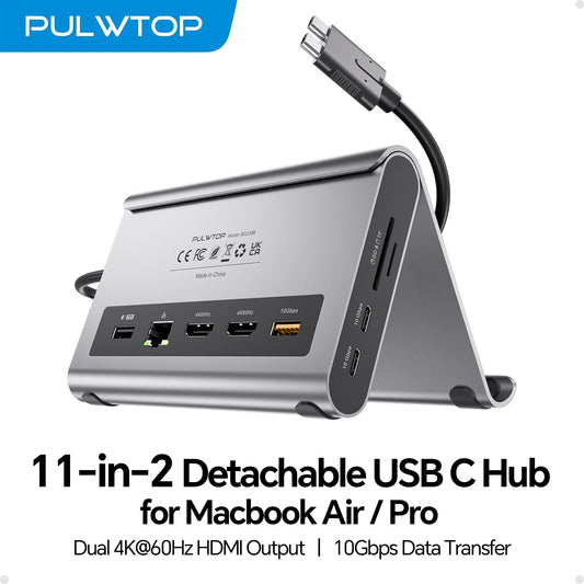 PULWTOP 11-in-1 USB-C Laptop Docking Station with Dual HDMI, Ethernet & Power Delivery