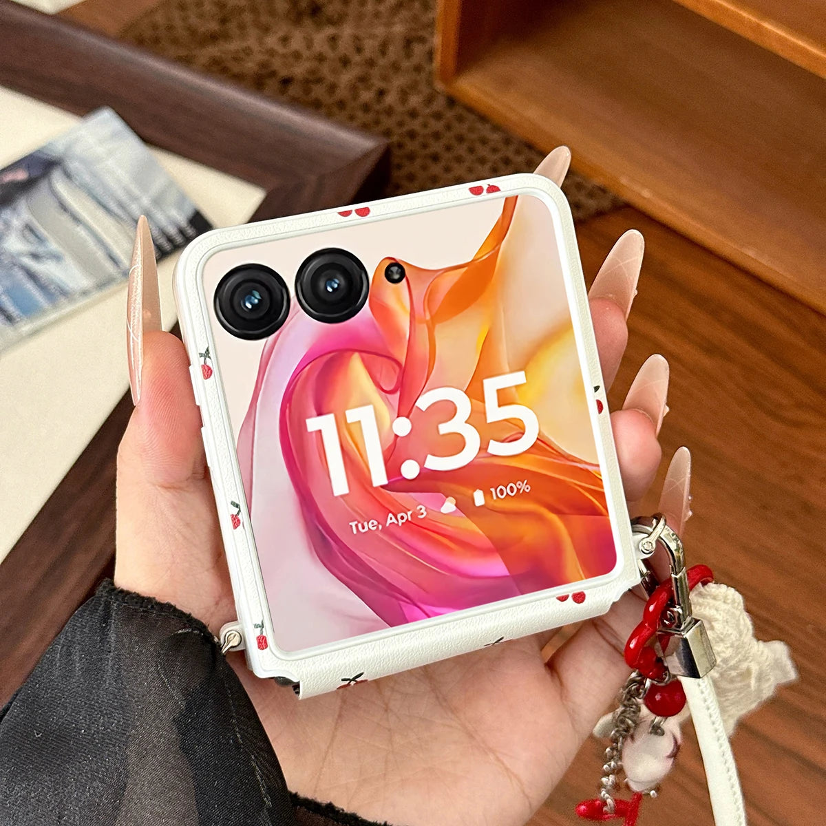 Cherry Print Magnetic Phone Case with Detachable Wrist Strap