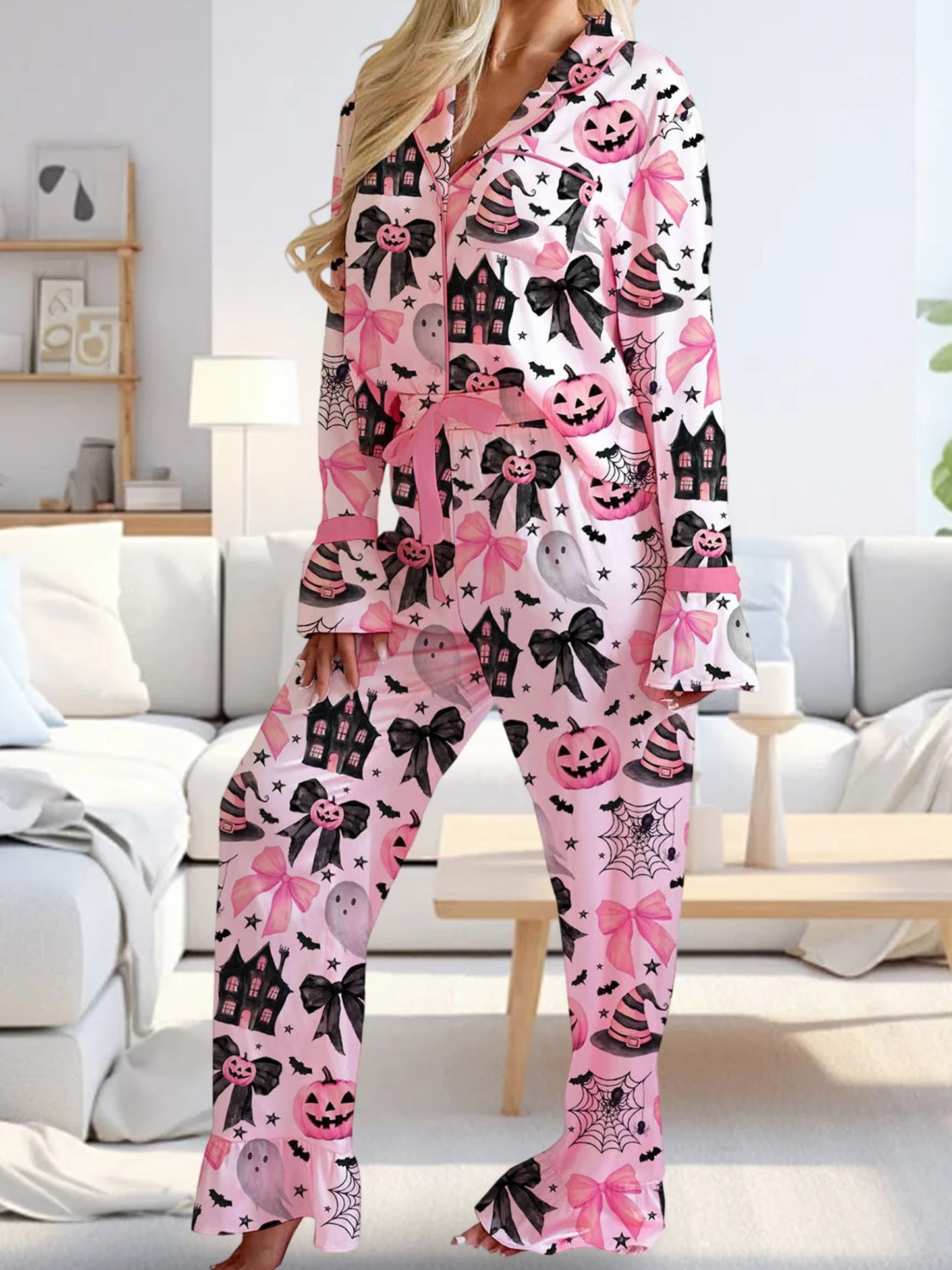 Women s Halloween Pajamas Set with Spooky Print Button Down Lapel V Neck Long Sleeve Tops and Matching Pants for Cozy Lounge