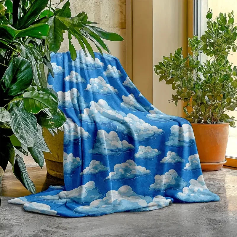 Blue sky cloud pattern flannel blanket is suitable for bedding, office, home, camping, warming, sofa, Christmas and Halloween