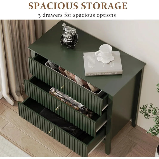 Green Fluted 3 Drawer Dresser, 32 inch Wide Dresser Nightstand for Bedroom, Modern Wood Chest of Drawers, Large Painted Nightst