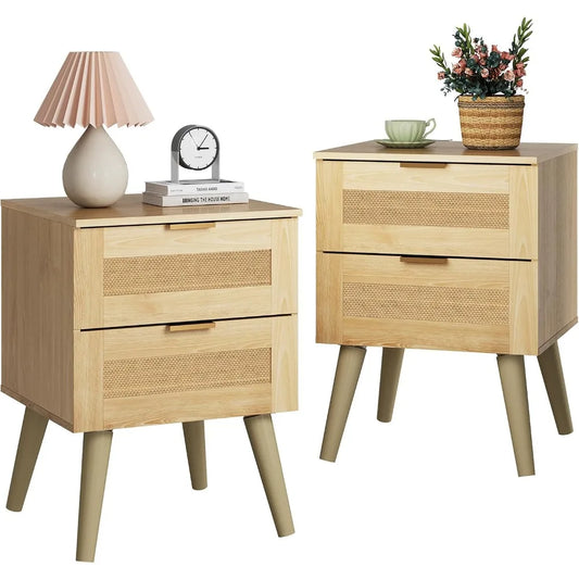 Wood Nightstand Set of 2, Rattan Decor Drawers, Solid Legs, Bed Side Table, Natural Oak
