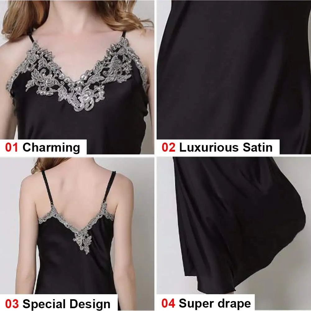 Women's Long Satin Nightgown.  Lace Trim Sleeveless Maxi Sleepwear