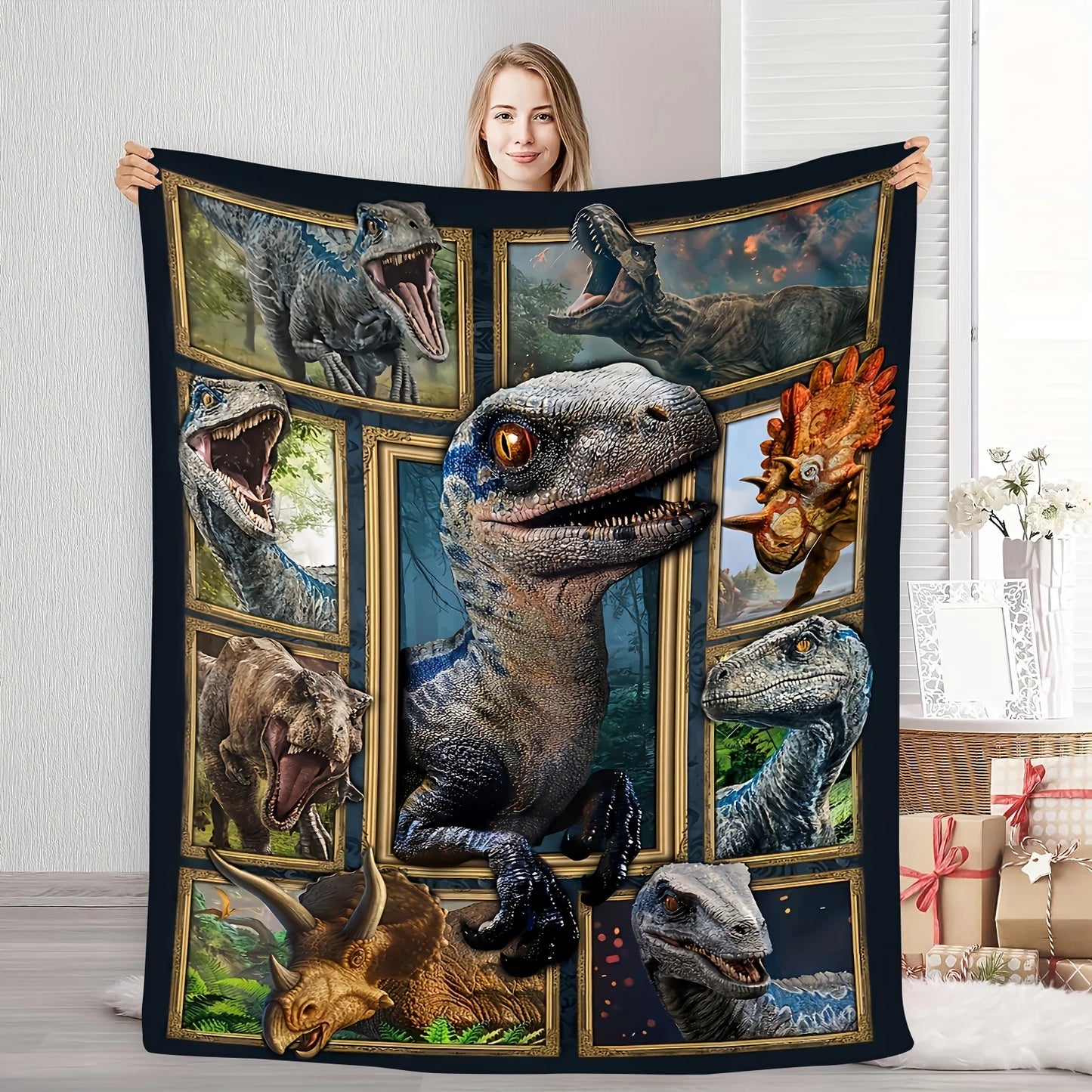 Cozy Dinosaur World Flannel Blanket .Jurassic Raptor Throw for Kids & Dino Lovers