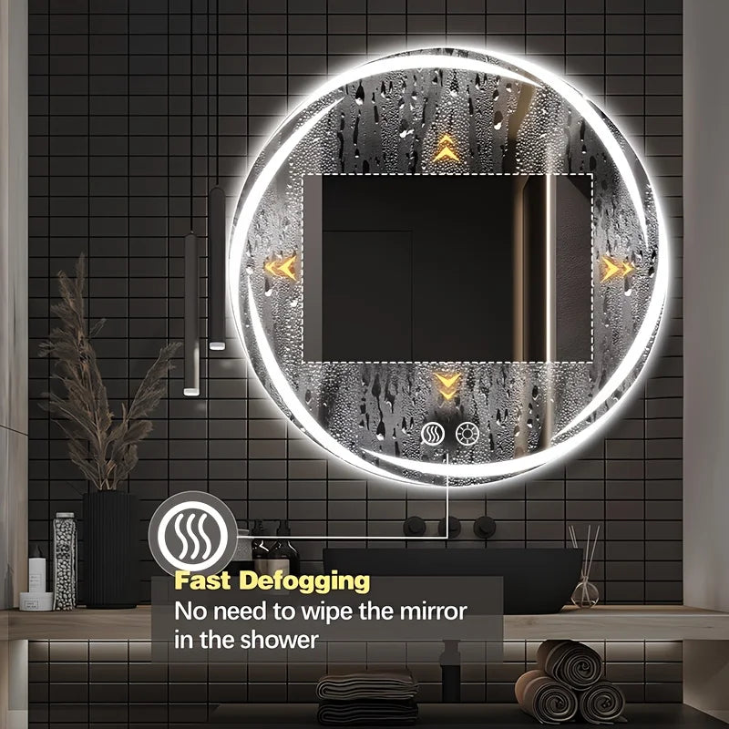 Circular LED Bathroom Mirror with Integrated Lighting | Anti-Fog Technology | Touch-Sensitive Dimmable | HD Makeup And Shaving Mirror | Wall-Mounted Vanity with Memory Function | US Standard Plug/Switch | 20" Diameter | Moder