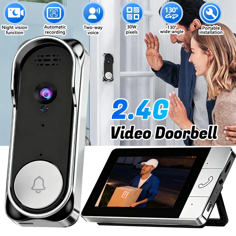 Doorbell Camera Wireless 2.4G Wireless Video Doorbell with Indoor Monitor IR Night Vision No Drill Smart Visual Doorbell