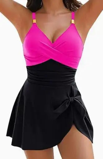 Women’s Tummy Control Swim Dress | Ruched One-Piece Swimsuit with Skirt | V-Neck Bathing Suit