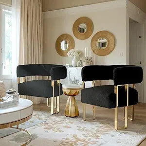 Modern Boucle Accent Chairs Set of 2, White Upholstered Barrel Armchair Living Room Chair with Gold Metal Legs Comfy Corner Sofa