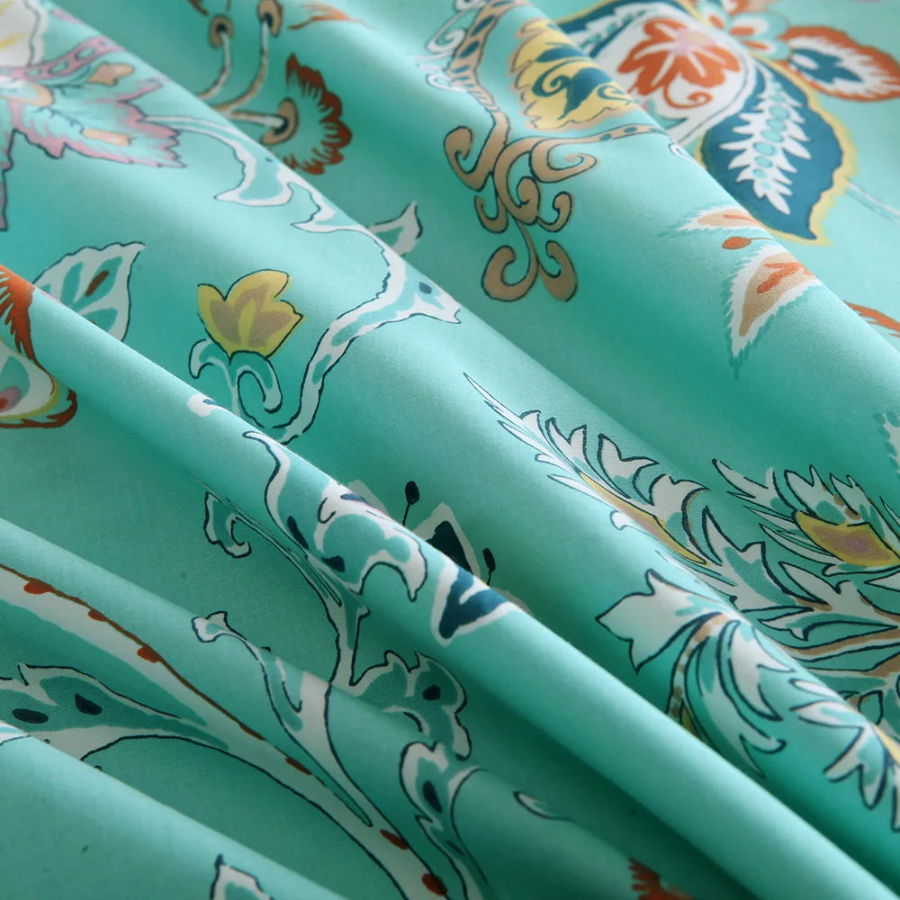 3pcs 600TC 100% Egyptian Cotton Duvet Cover Set, Vintage Cyan Paisley Floral, Soft Breathable Skin-Friendly (No Inserts)
