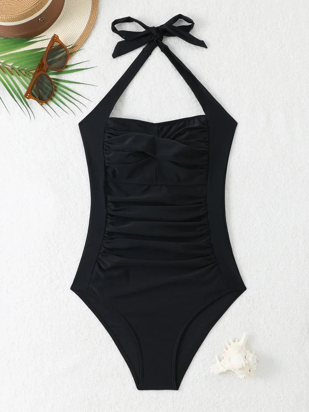 Women’s Solid Halter One-Piece Swimsuit.  Backless Push-Up Swimwear  Description