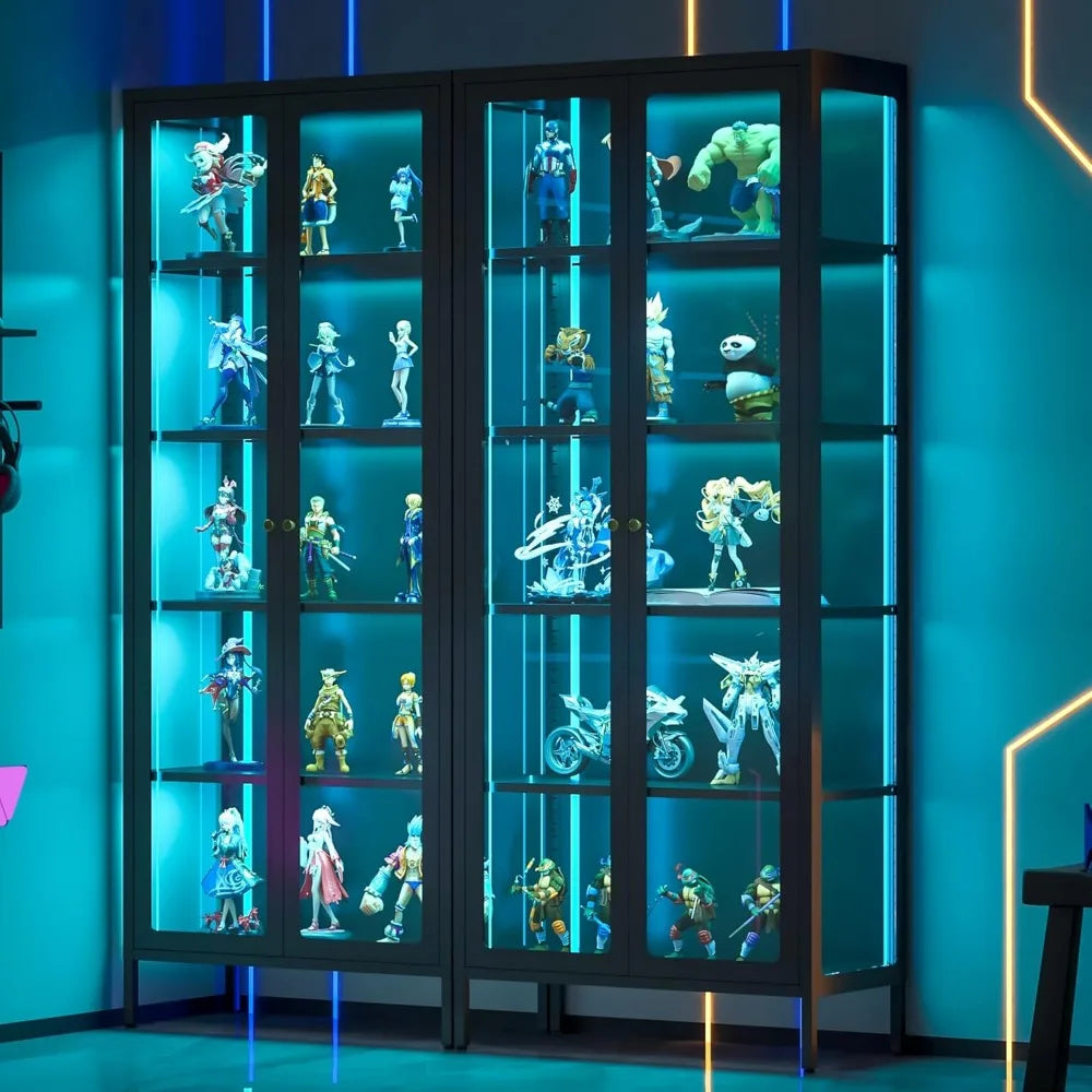 5 Tier Glass Display Cabinet with 12 Color LED Lights, 67" Lighted Curio Cabinet with Glass Doors & Adjustable Shelves,