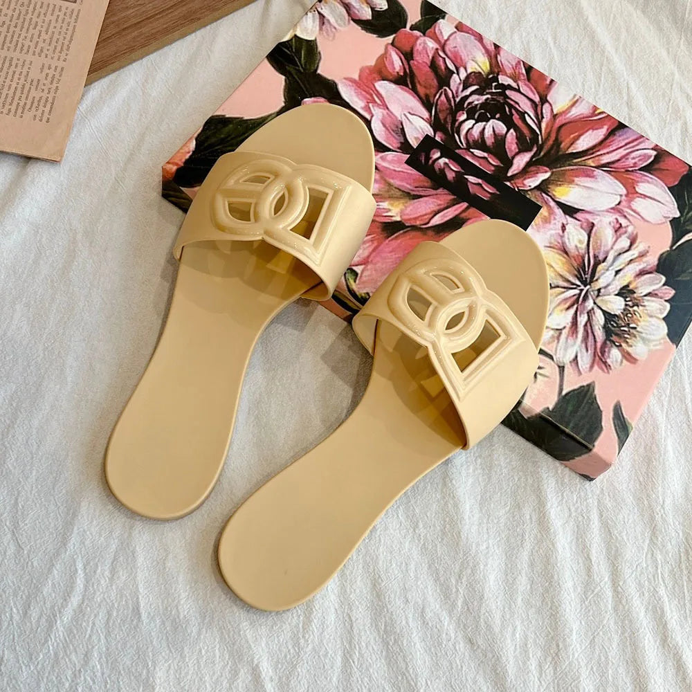 Women’s Genuine Leather Metal Accent Slide Sandals . European Style Luxury Slip On Flats.